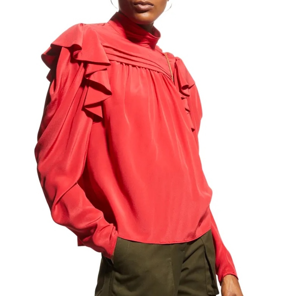 Ulla Johnson Arda 100% Silk Pintuck Ruffle Blouse